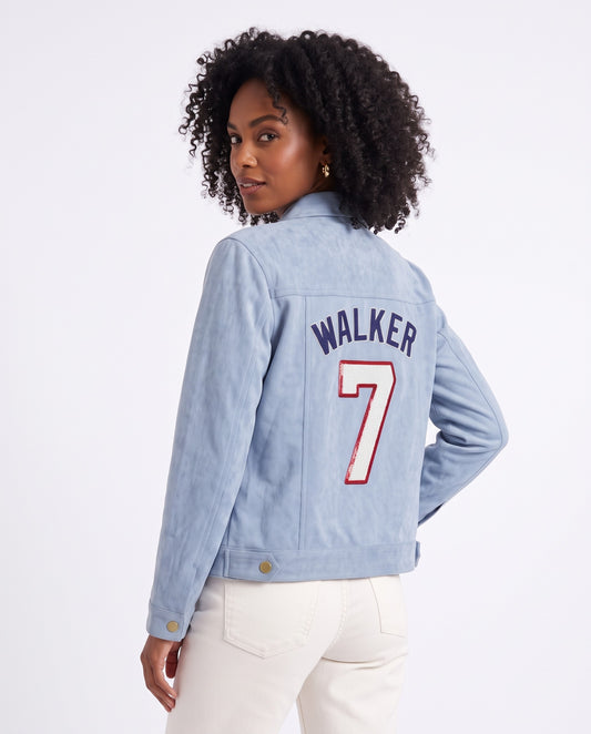 Custom Beaded Denim Jacket with Baseball Name and Number, Personalized Game Day Jersey Jacket, Hand Beaded Team Number Jean Jacket