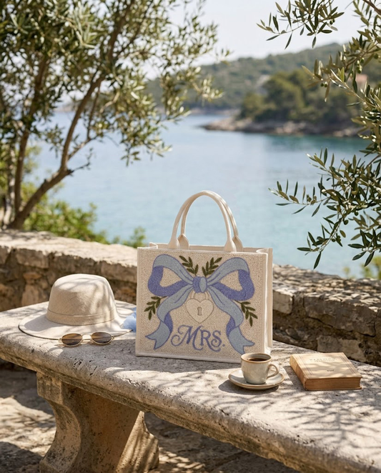 Blue Bow Lock Mrs. Mini Beaded Tote Bag