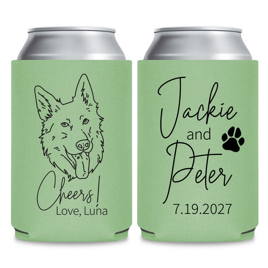 two green beverage coolers with black text and graphics. The text on the coolers reads "Jackie and Peter" and "Love, Luna", along with a paw print and a date "7.19.2027".