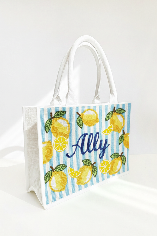 Personalized Beaded Lemon Tote Bag