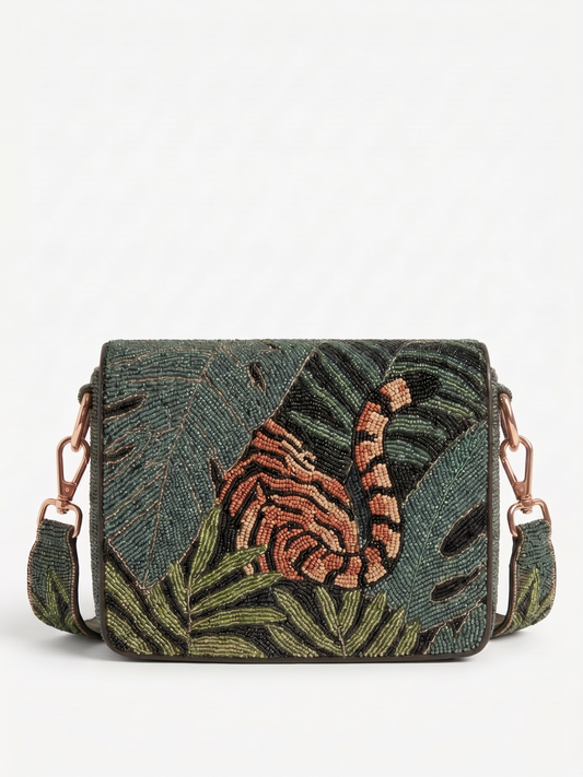 Hand Beaded Tiger Shoulder Bag with Strap