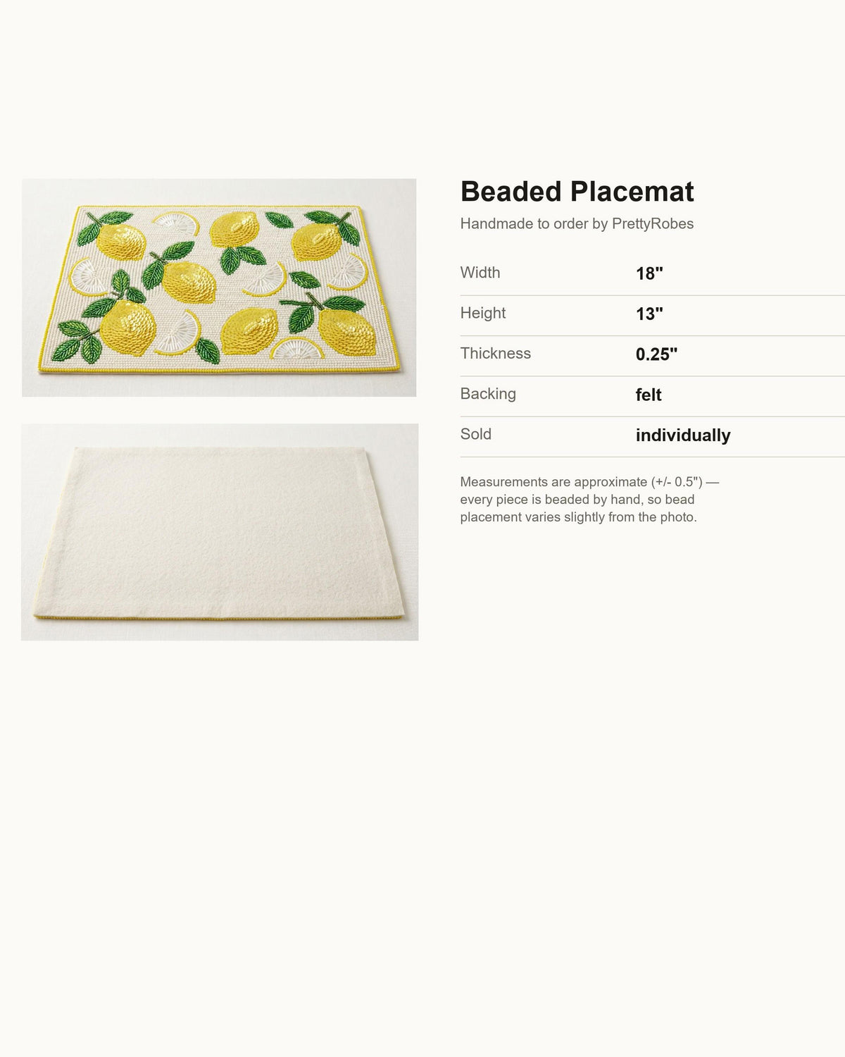 Beaded Lemon Placemat, Personalized Citrus Table Mat with Monogram, Hand Beaded Fruit Dining Placemat, Summer Kitchen Decor