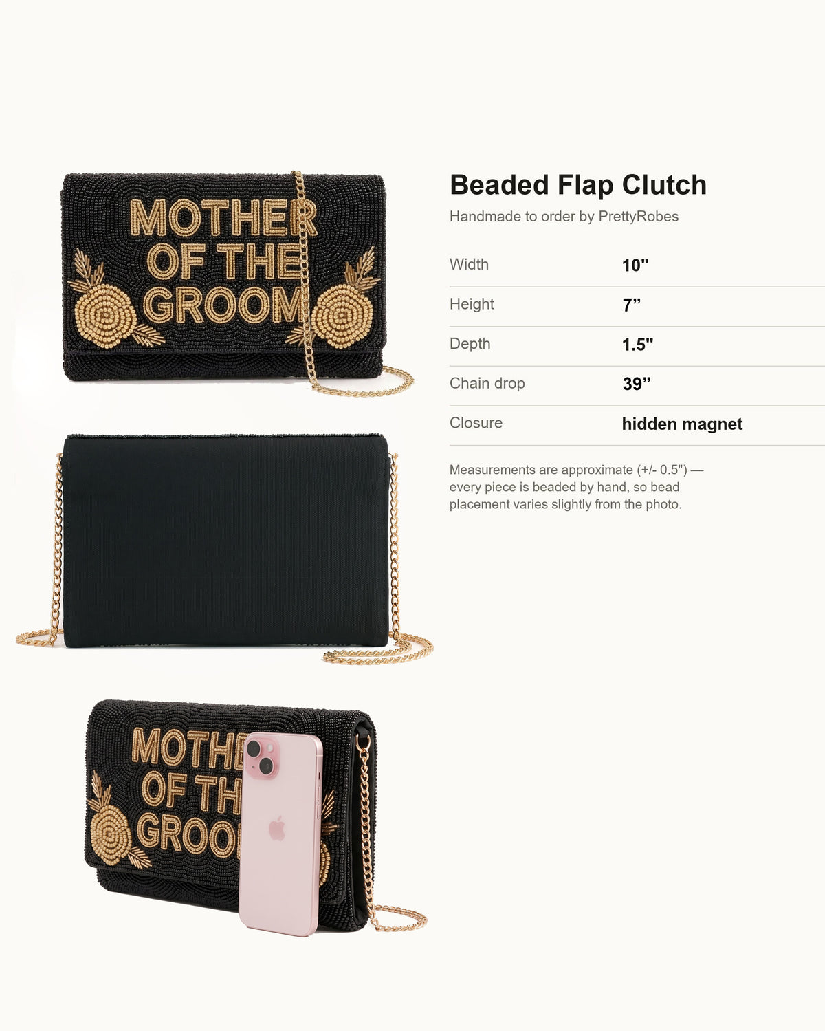 Mother of the Groom Beaded Clutch, Black and Gold Wedding Purse with Rose Details, Custom Bridal Party Handbag with Detachable Chain