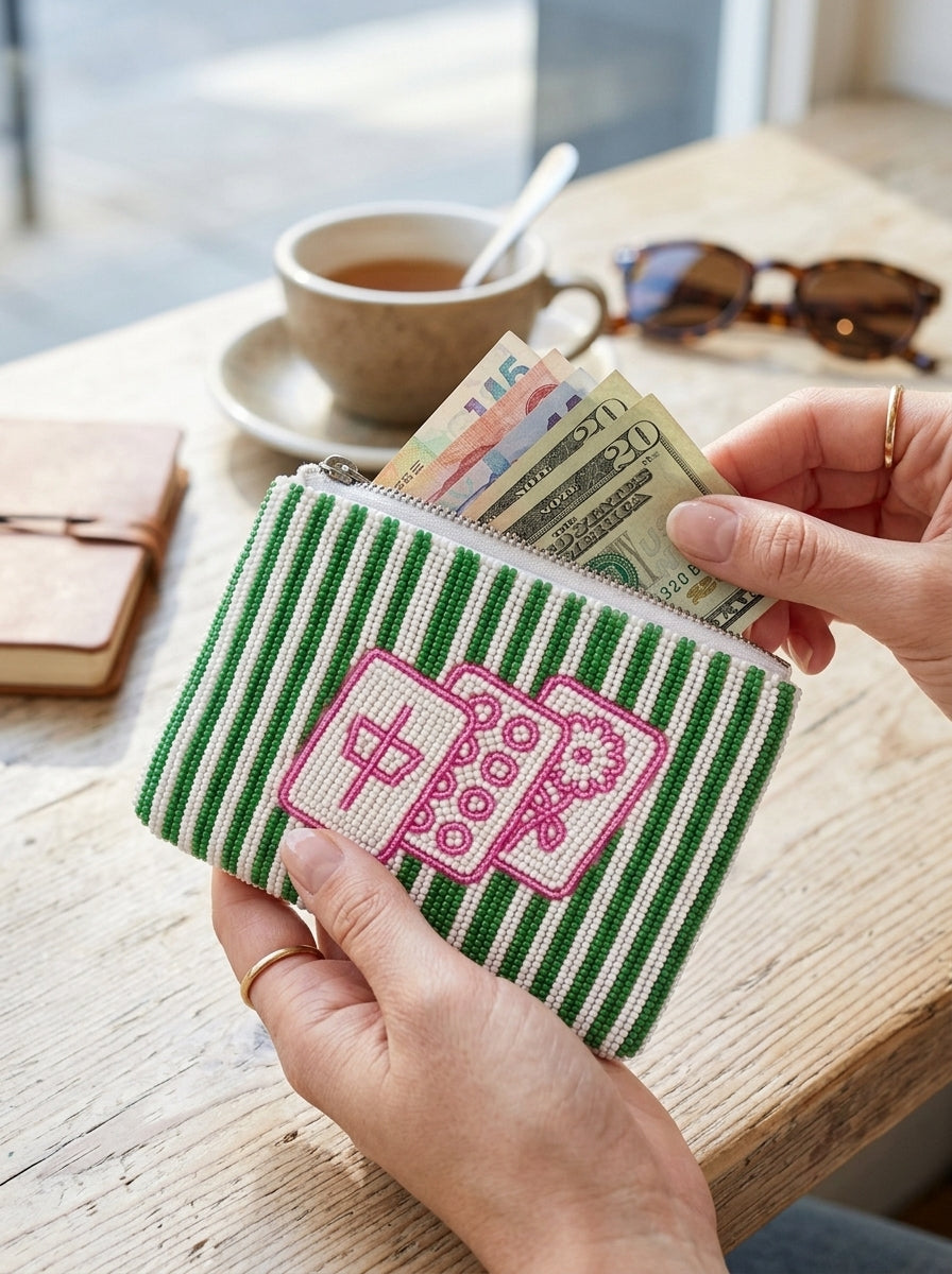 Pink Mahjong Tile Beaded Coin Purse