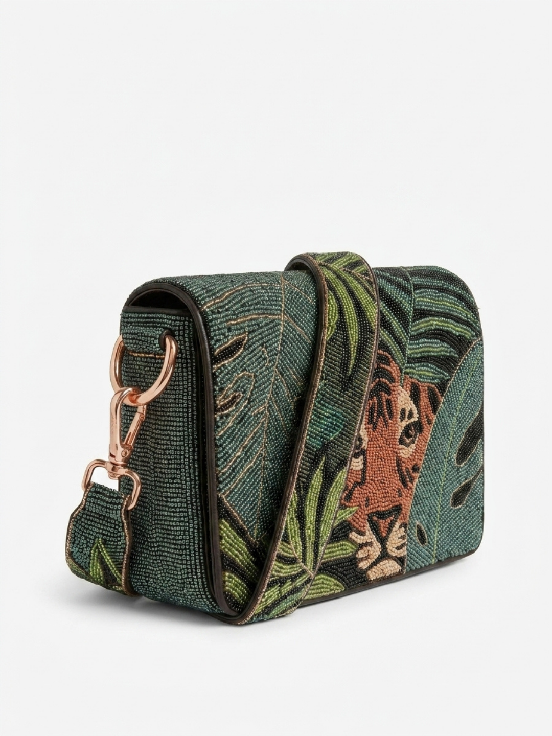 Hand Beaded Tiger Shoulder Bag with Strap