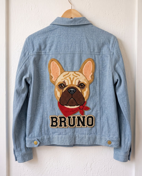French Bulldog Bandana Beaded Denim Jacket