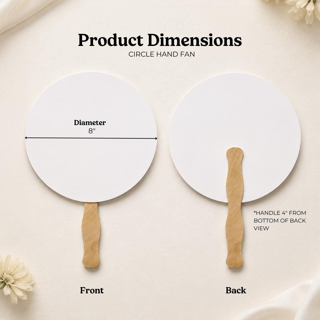two white fan-like objects, one with a handle on the back and the other with a handle on the front. The text above the objects indicates that they are "Product Dimensions" and "CIRCLE HAND FAN".