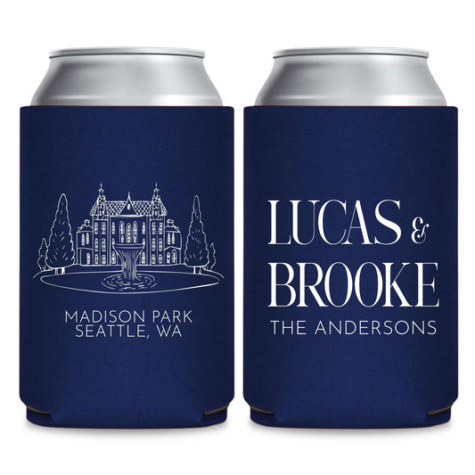 two navy blue beverage coolers with white text and illustrations. The text on the coolers reads "Lucas & Brooke" and "Madison Park Seattle, WA".
