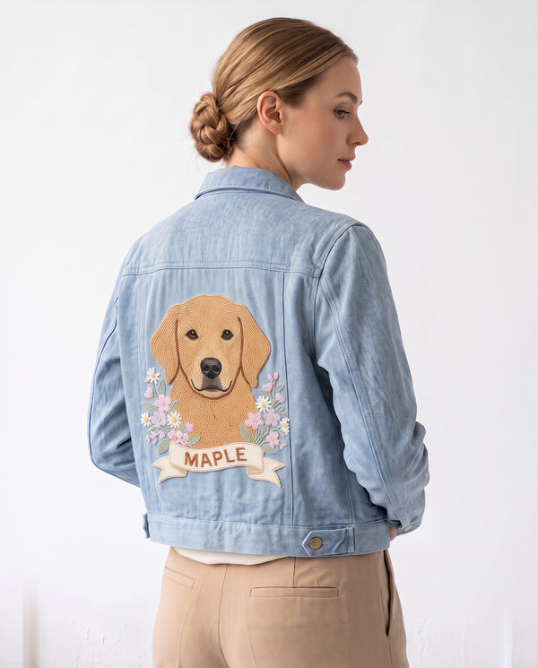 Golden Retriever Wreath Beaded Denim Jacket