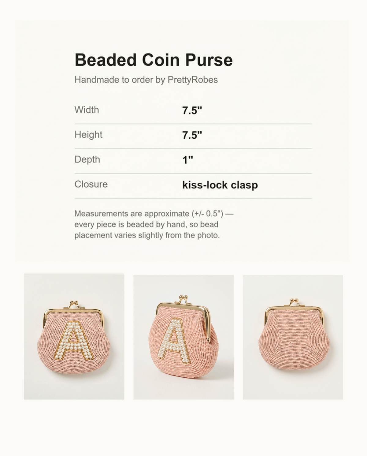 Personalized Beaded Coin Purse with Pearl Initial, Custom Blush Pink Monogram Pouch, Vintage Style Kiss Lock Bridal Keepsake Wallet