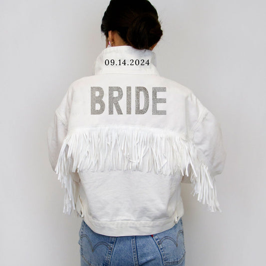 White Fringe Bride Rhinestone Patch Jean Jacket