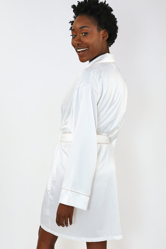 White Piped with Pink Trim Satin Kimono Robe