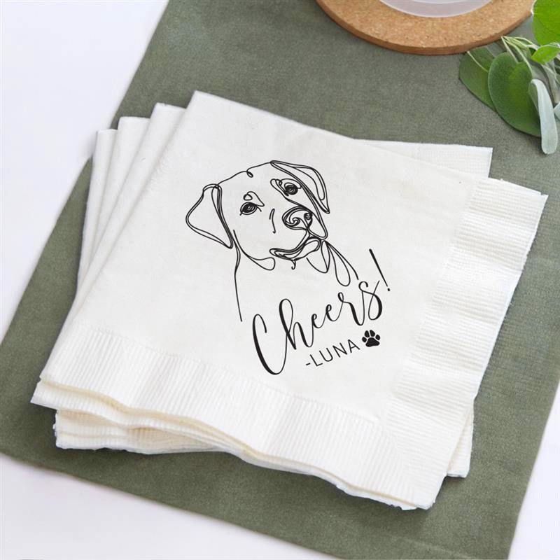 White wedding napkin favors with a pet line art design