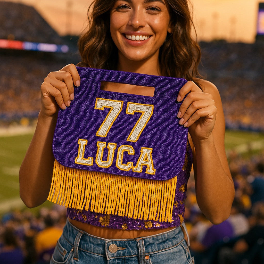 Hand-beaded custom sports clutch with team name and jersey number