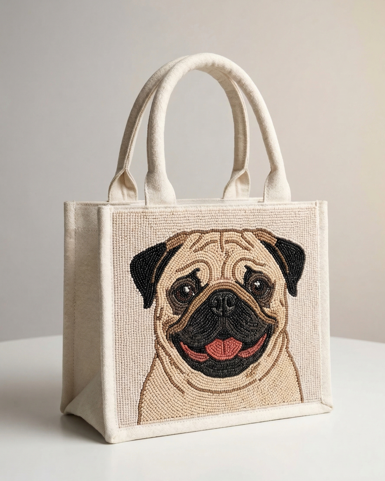 Custom premium tote bags with beaded text and themed designs in a flat lay