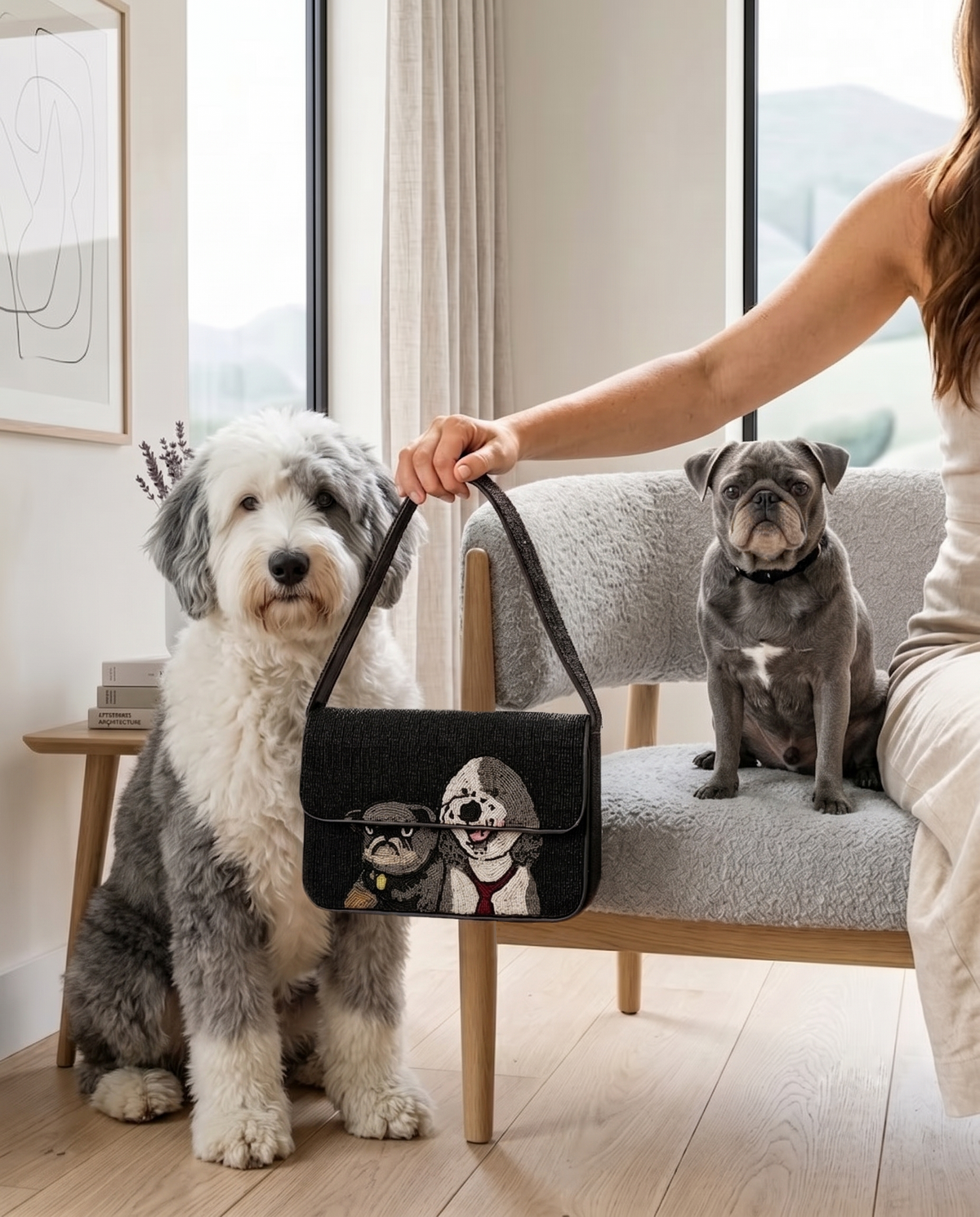 A woman is holding a handbag with a dog and a small dog sitting on a couch in a cozy living room.
