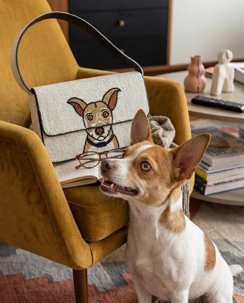 A small brown and white dog sits attentively on a beige armchair, with a handbag featuring a dog design resting on the armrest. The dog appears to be looking up at the handbag, which is placed on a wooden surface.
