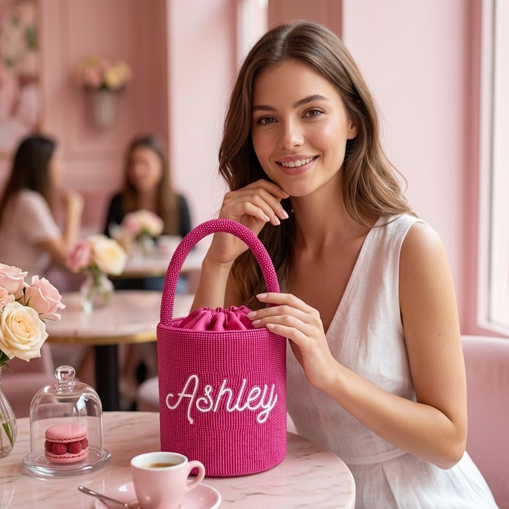 Personalized Pink Beaded Name Bag