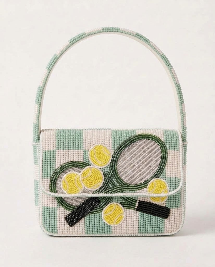 Mint Check Tennis Racquet Beaded Shoulder Bag