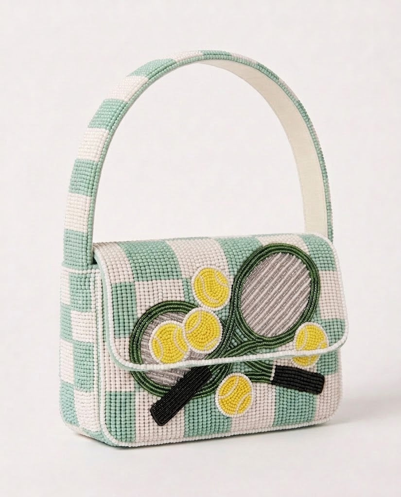 Mint Check Tennis Racquet Beaded Shoulder Bag