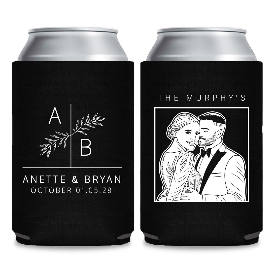 Love Story Wedding Can Coolers