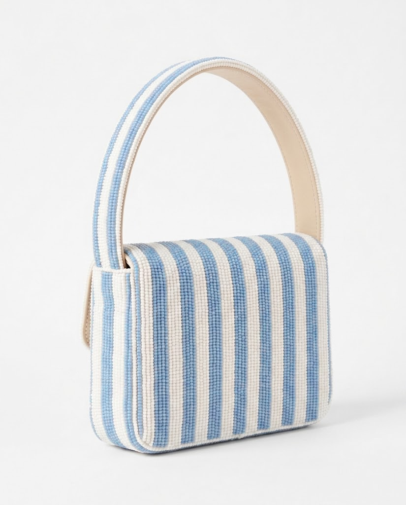 Blue Stripe Tennis Girl Beaded Shoulder Bag