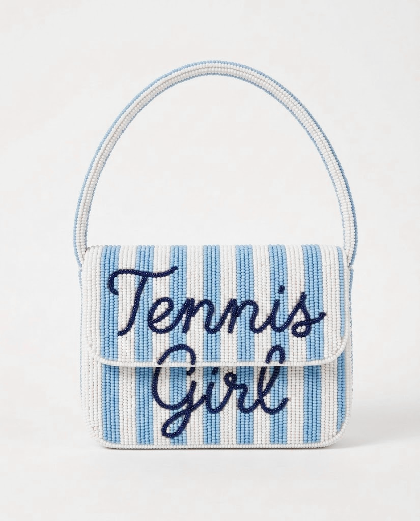 Blue Stripe Tennis Girl Beaded Shoulder Bag