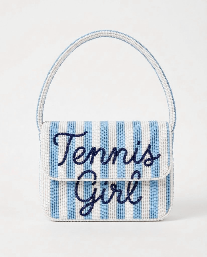 Blue Stripe Tennis Girl Beaded Shoulder Bag
