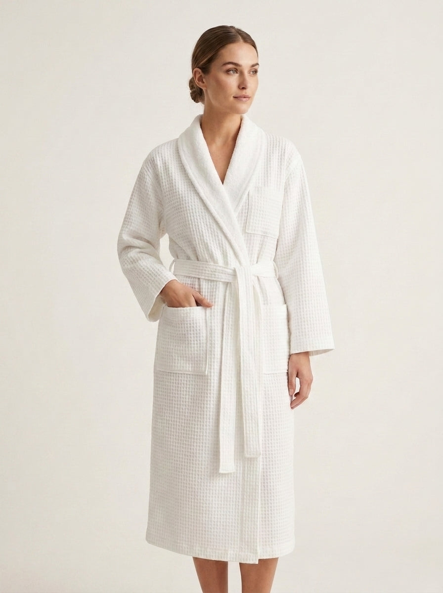 Waffle robe with plush shawl collar and custom logo