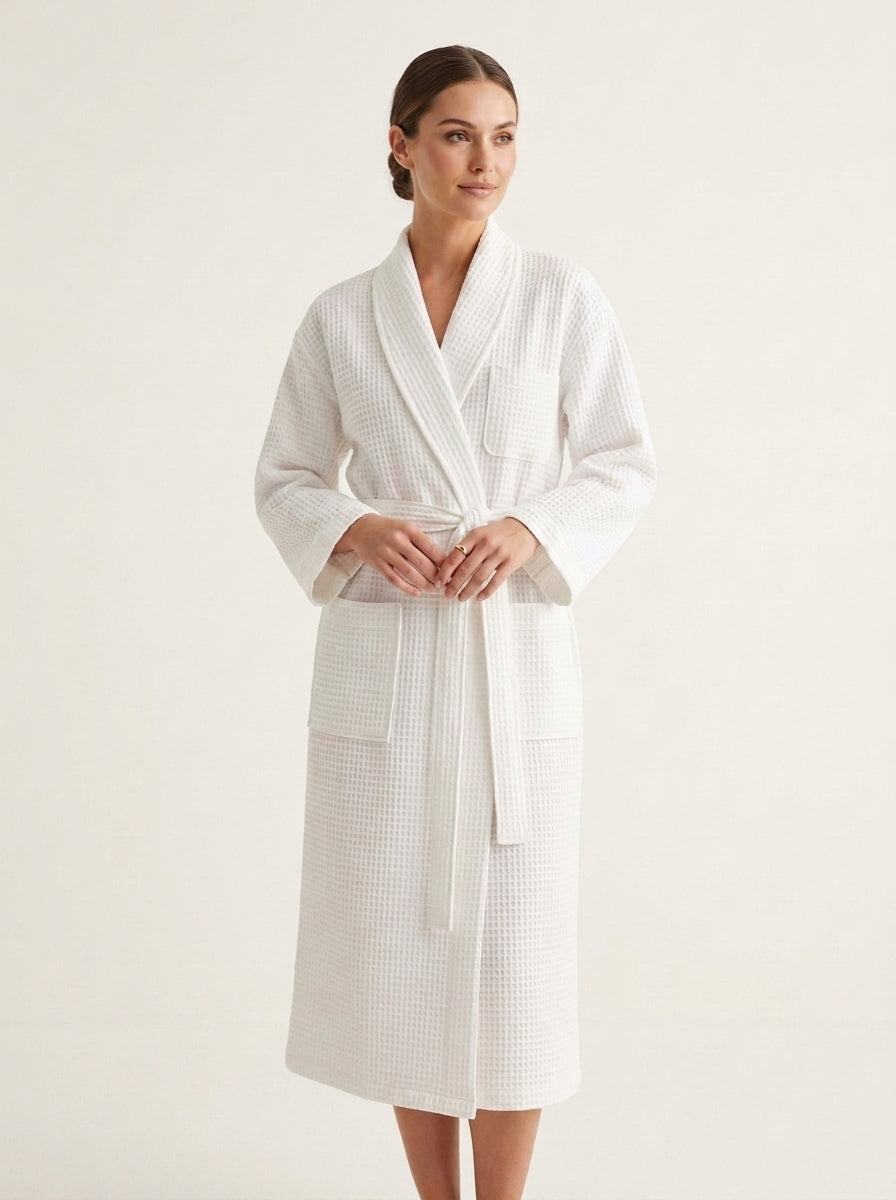 Waffle robe with plush shawl collar and custom logo