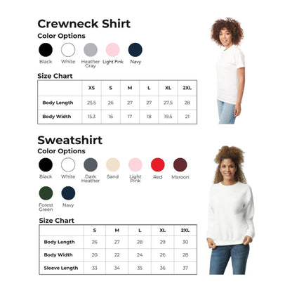 a crew neck shirt with color options and a size chart, along with a sweatshirt with color options and a size chart. There are two women in the image, one wearing a crew neck shirt and the other wearing a sweatshirt.