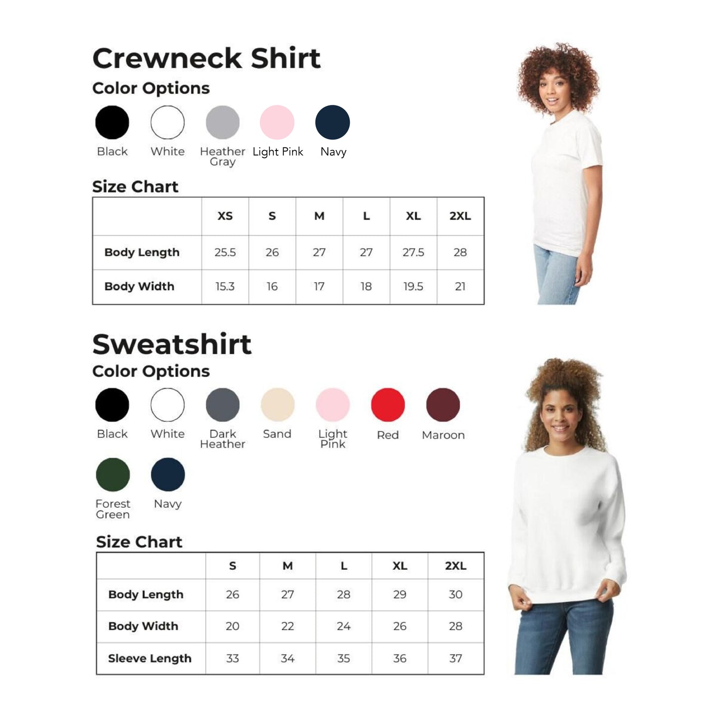 a crew neck shirt with color options and a size chart, along with a sweatshirt with color options and a size chart. There are two women in the image, one wearing a crew neck shirt and the other wearing a sweatshirt.