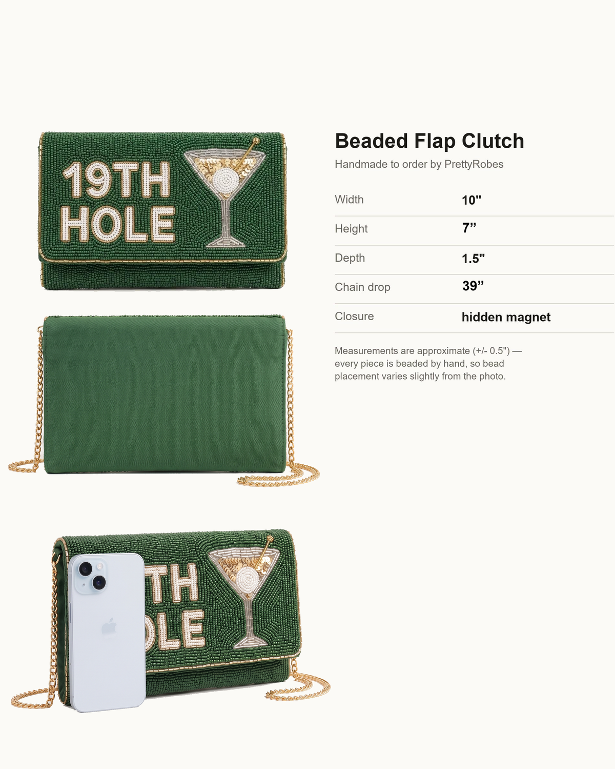 Personalized 19th Hole Beaded Clutch, Golf Martini Bag With Detachable Chain, Custom Golf Member Guest Tournament Envelope Purse