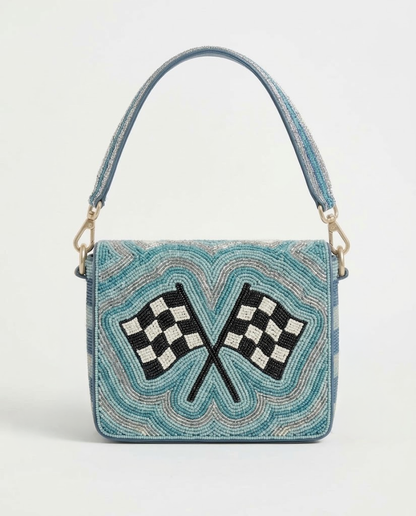 Blue Checkered Flag Beaded Racing Shoulder Bag