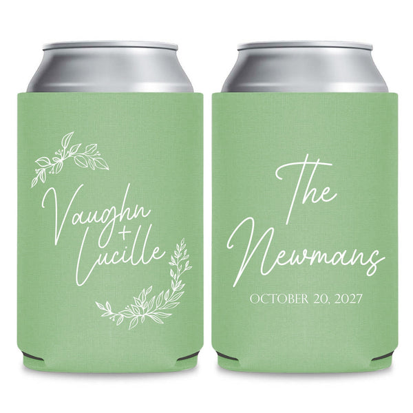 two green fabric beverage coolers with white text and floral designs.