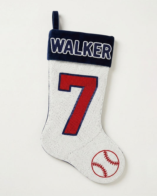 Personalized Beaded Baseball Christmas Stocking with Name and Number, Custom Sports Jersey Stocking, Hand Beaded Velvet Holiday Decor