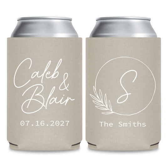 two beige-colored beverage coolers with text and logos printed on them.
