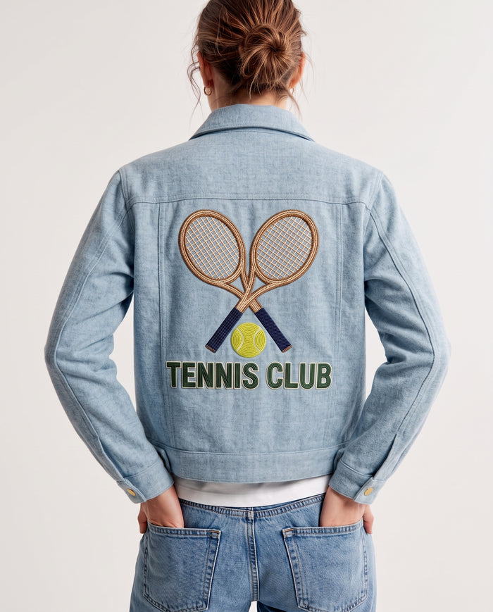 Custom Tennis Beaded Denim Jacket, Personalized Tennis Club Jean Jacket with Crossed Rackets, Hand Beaded Tennis Gift for Her