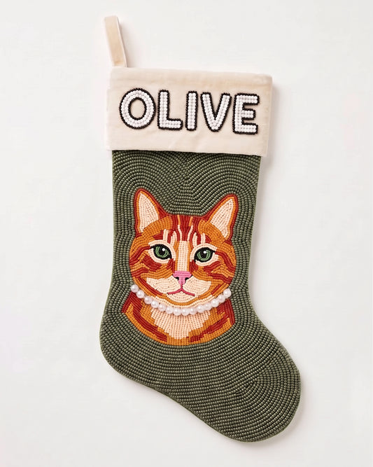 Tabby Cat Pearl Collar Beaded Stocking