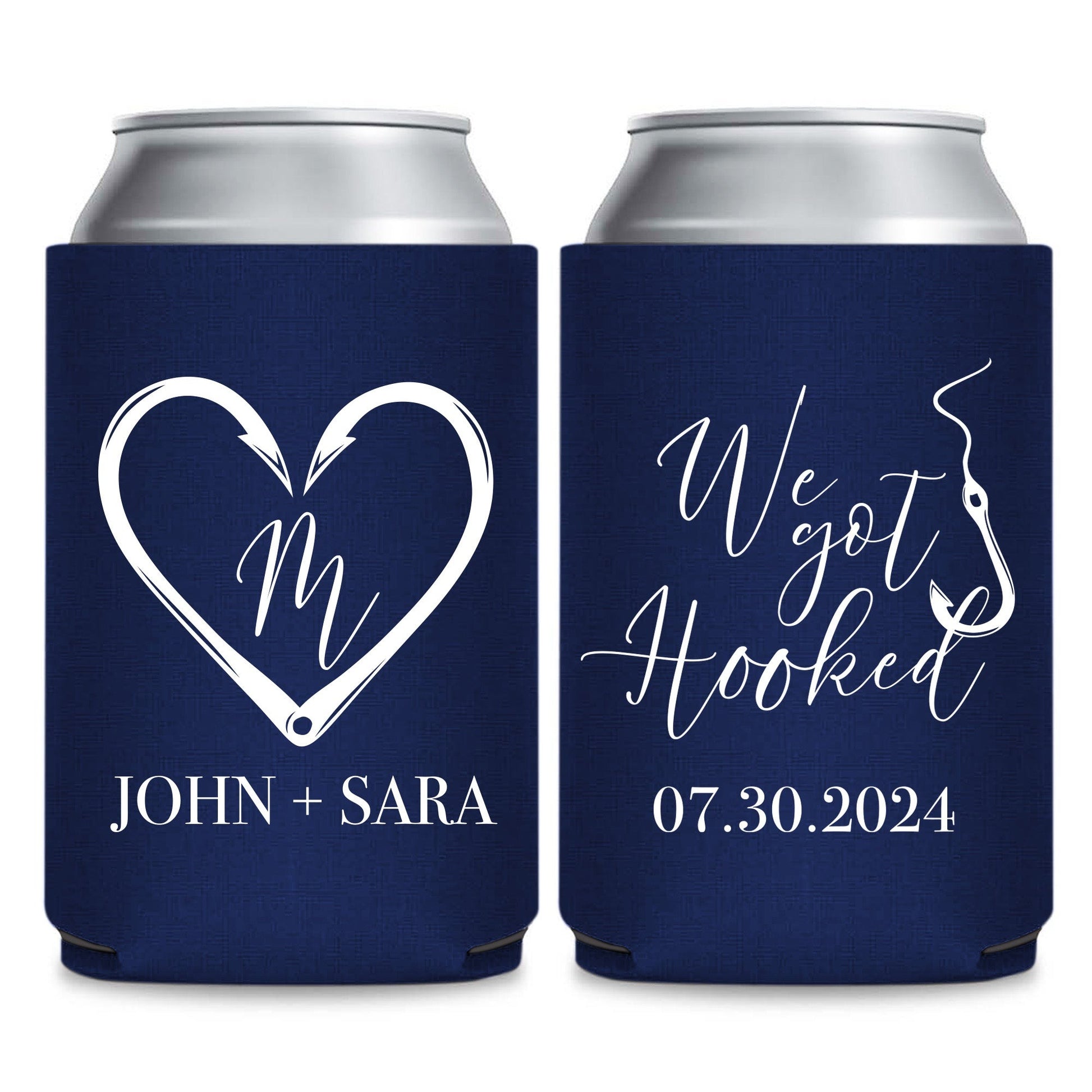 two navy blue beverage coolers with white text and graphics. The text on the coolers reads "John + Sara" and "07.30.2024".