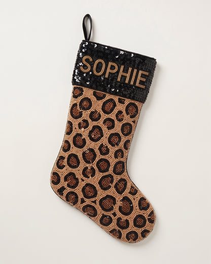 Leopard Sequin Cuff Beaded Stocking