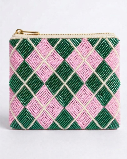 Pink Green Argyle Beaded Coin Purse