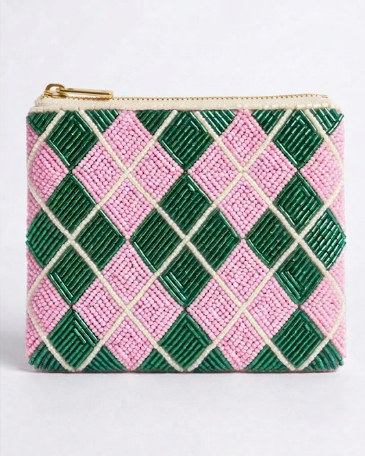 Pink Green Argyle Beaded Coin Purse