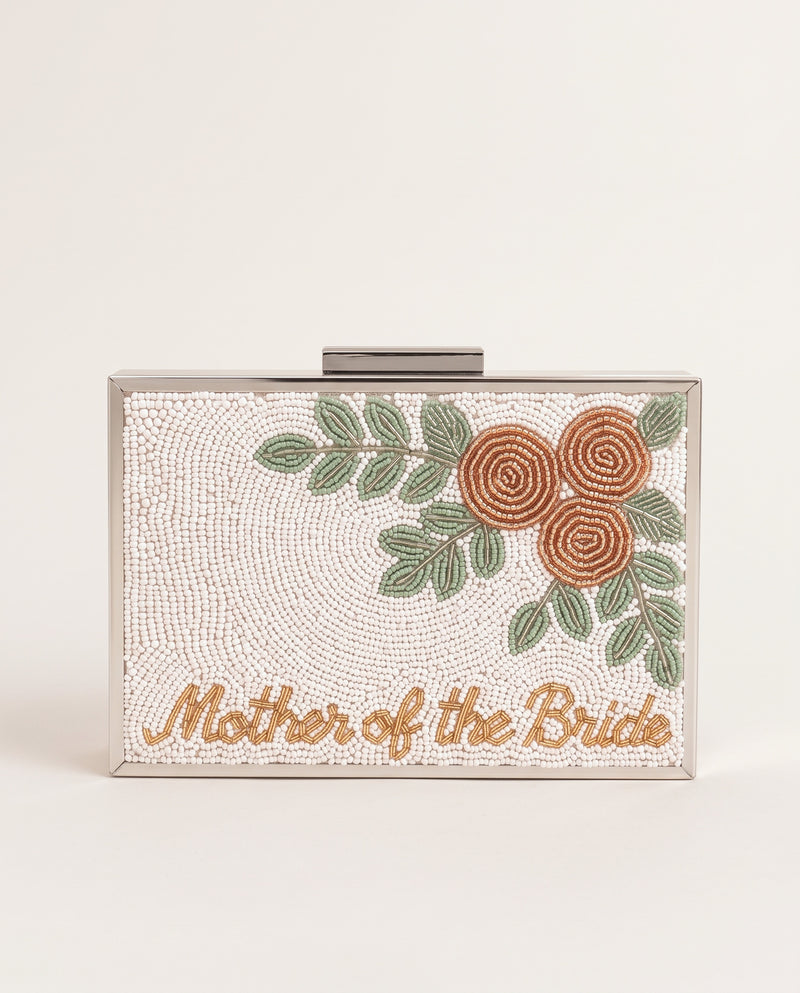 Personalized Mother of the Bride Beaded Clutch, Pearl Floral Wedding Purse with Detachable Chain, Custom Script Bridal Party Evening Bag