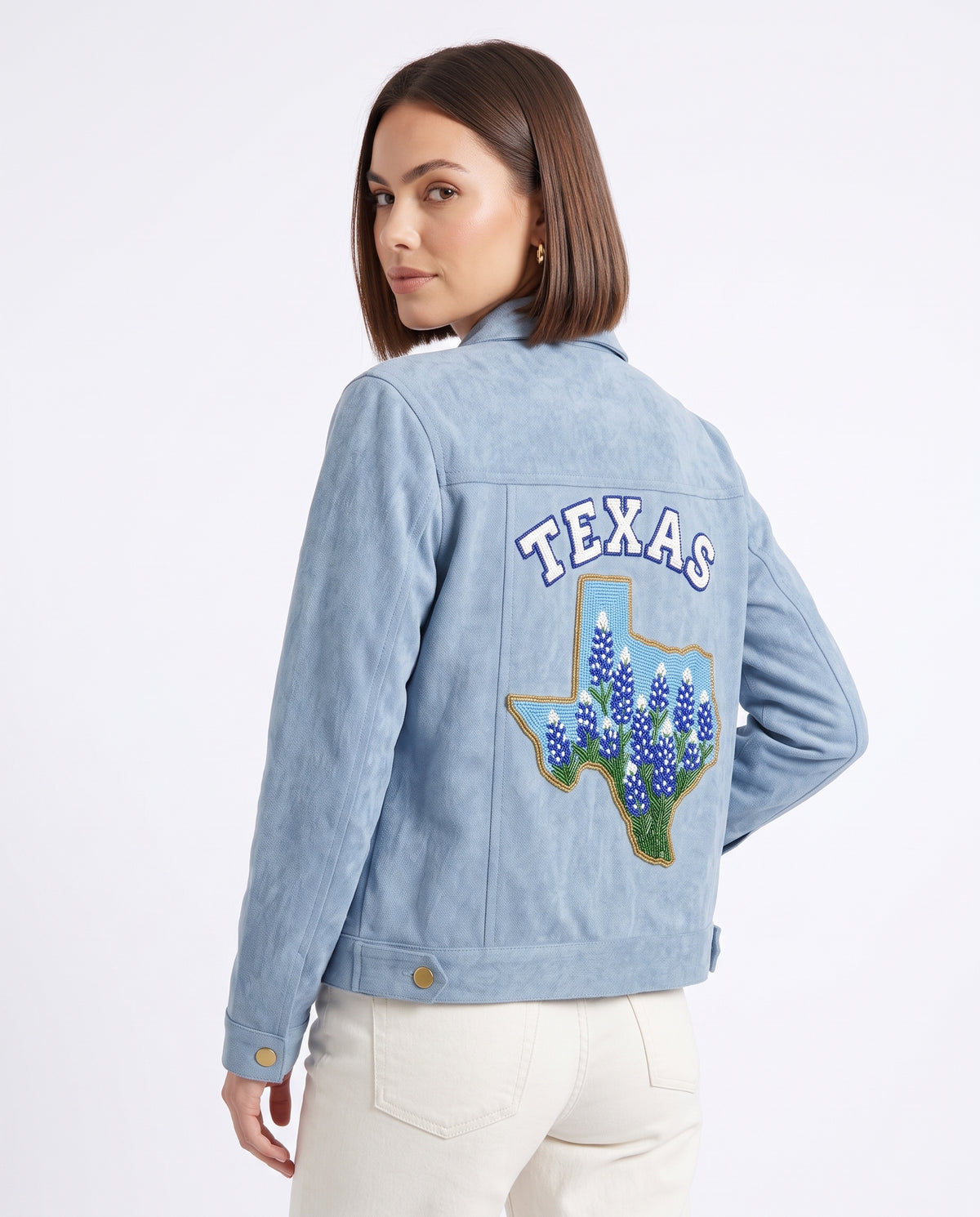 Custom Texas Bluebonnet Beaded Denim Jacket, Personalized Lone Star State Floral Trucker Jean Jacket with Name or City, Hand Beaded Coat