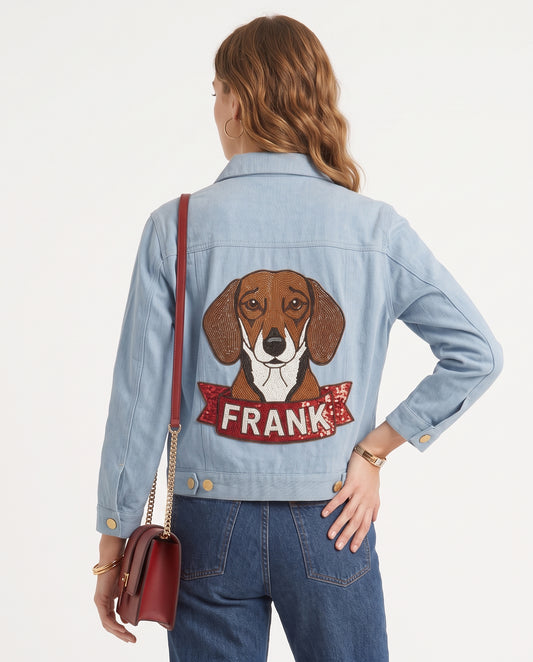 Pet Portrait Name Banner Beaded Denim Jacket
