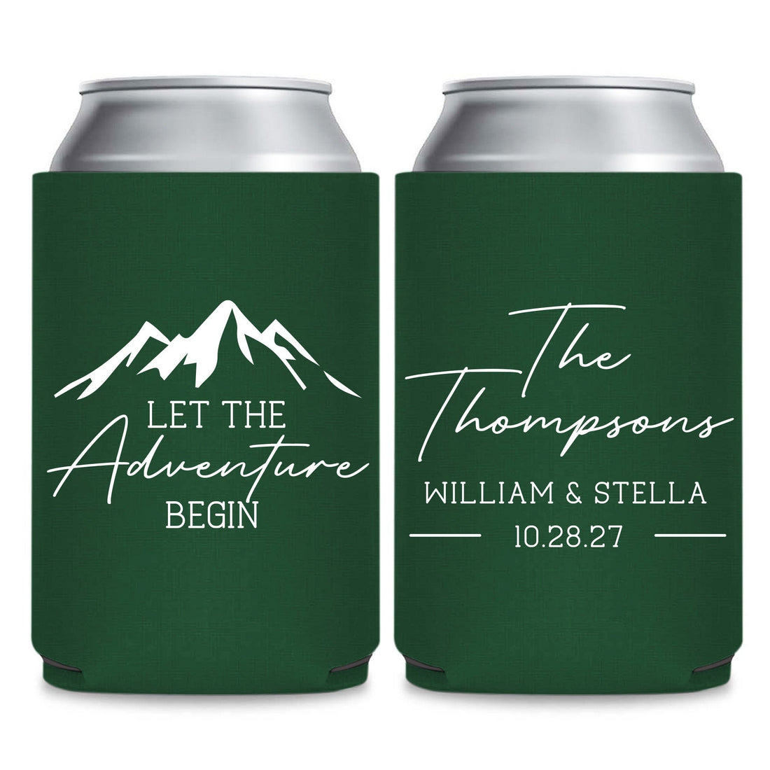 Two green insulated drink coolers with white text and graphics.