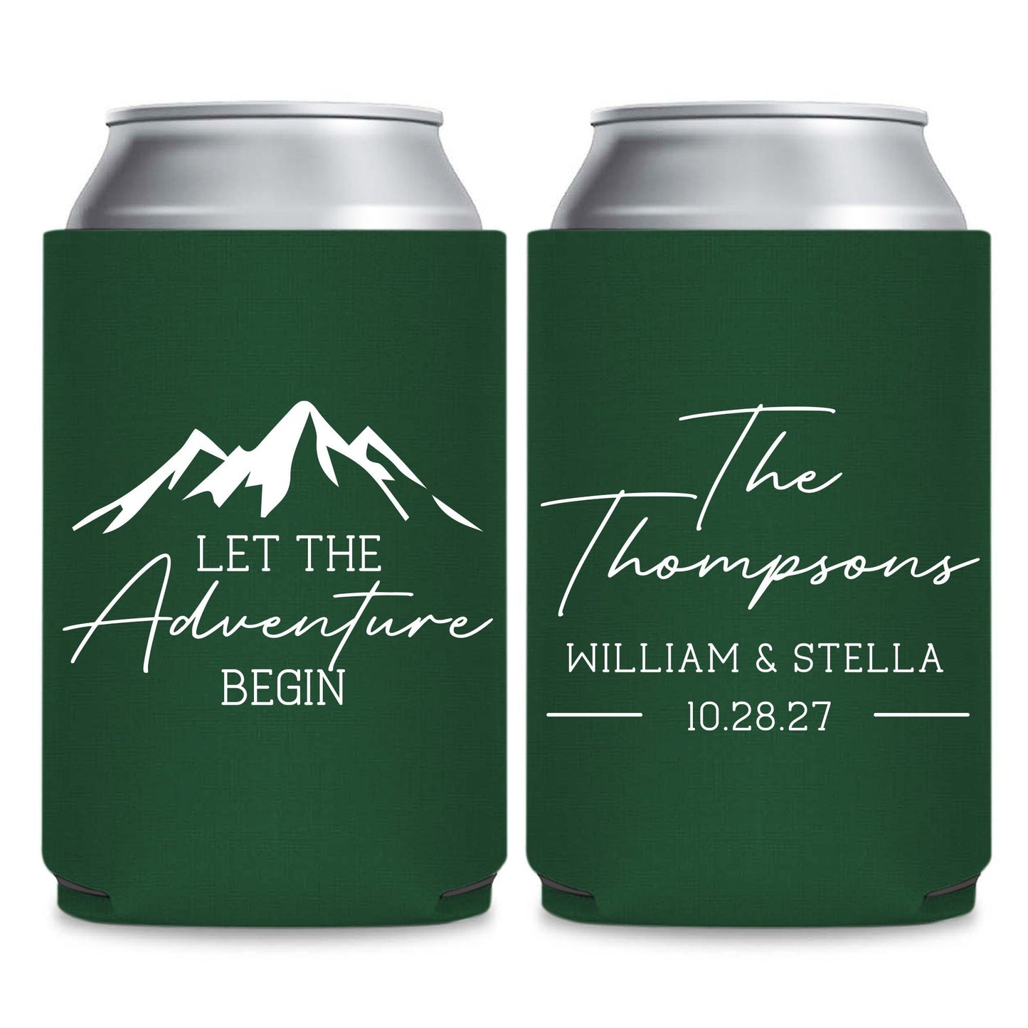 Two green insulated drink coolers with white text and graphics.