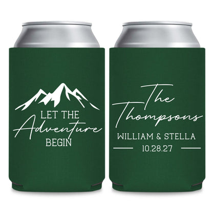 Two green insulated drink coolers with white text and graphics.