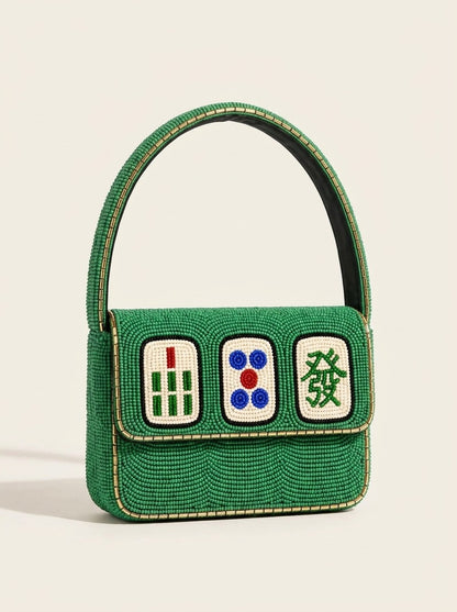 Personalized Mahjong Beaded Shoulder Bag, Custom Jade Green Beaded Mahjong Tile Purse, Handmade Game Night Handbag